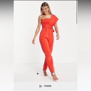 ASOS DESIGN one shoulder scuba belted jumpsuit in red